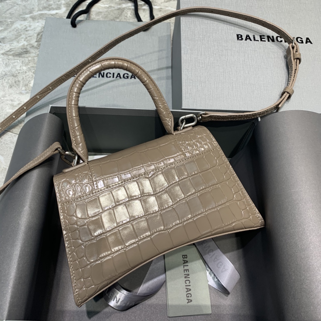 Balenciaga Hourglass Small Handbag Crocodile Embossed Shoulder Bag Dark Gray